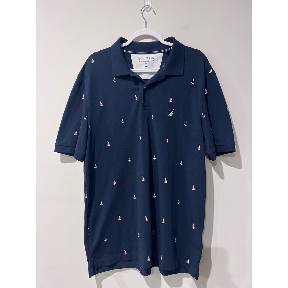 Nautica Mens XXL Performance Polo Shirt Navy Blue Sailboat Anchor Classic Fit